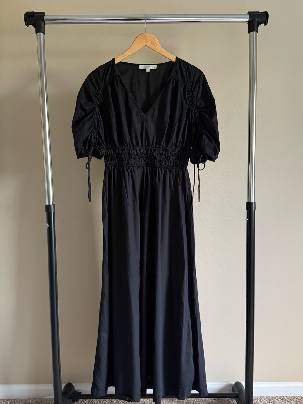 LOFT Black V-Neck Maxi Dress with Smocked Waist and Puff Sleeves